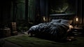 Bed in Dark Room With Green Rug Royalty Free Stock Photo