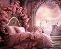 bed with flowers in a castle room.