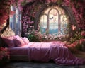 bed with flowers in a castle room.