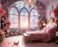 bed with flowers in a castle room.