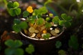 A pot of gold leprechaun coins among a four-leaf clover Royalty Free Stock Photo