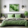 Bed with green bedding near white wall with black wainscoting and poster. Interior design of modern bedroom. Created with Royalty Free Stock Photo