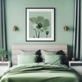 Bed with grey headboard and green blanket near mint color wall. Interior design of modern bedroom. Created with generative AI Royalty Free Stock Photo