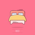 Bed icon in comic style. Bedroom cartoon sign vector illustration on white isolated background. Bedstead splash effect business Royalty Free Stock Photo