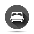 Bed icon in flat style. Bedroom sign vector illustration on black round background with long shadow effect. Bedstead circle button Royalty Free Stock Photo