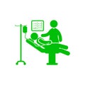 patient on bed, icu, doctor in patient heart check green icon