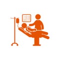 patient on bed, icu, doctor in patient heart check orange icon