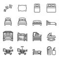 Bed icons set. Bedroom furniture, mattress and relax service. Line style stock vector.