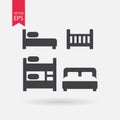 Bed icons set. Collection of of different black silhouette beds. Signs Isolated on white on background. Flat design.