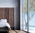 The loft bed room interior design and brick wall pattern background and sea view Royalty Free Stock Photo