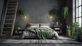 Bed between ladder and plant in green boho bedroom interior with grey carpet under lamps Royalty Free Stock Photo