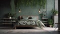 Bed between ladder and plant in green boho bedroom interior with grey carpet under lamps Royalty Free Stock Photo