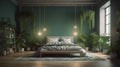 Bed between ladder and plant in green boho bedroom interior with grey carpet under lamps Royalty Free Stock Photo