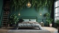 Bed between ladder and plant in green boho bedroom interior with grey carpet under lamps Royalty Free Stock Photo