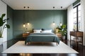 Bed between ladder and plant in green boho bedroom interior with grey carpet under lamps Royalty Free Stock Photo