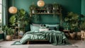 Bed between ladder and plant in green boho bedroom interior with grey carpet under lamps Royalty Free Stock Photo