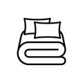 Bed linen with pillows, bed sheet and duvet cover vector outline icon