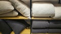Bed linens, pillows, textiles and towels on a shelf Royalty Free Stock Photo