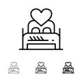 Bed, Love, Lover, Couple, Valentine Night, Room Bold and thin black line icon set
