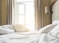 Bed Mattress and Pillows Mess up Bedroom in the morning Royalty Free Stock Photo