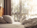 Bed Mattress and Pillows Mess up Bedroom with morning light Royalty Free Stock Photo