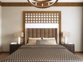 Bed in the Middle Eastern style with wooden carved headboard and bed Arabic textiles