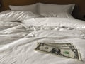 Bed and money to symbolize the cost of sex. Paid love the prostitute. Payment for the services of prostitutes. A tip for the staff