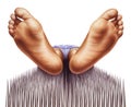 Bed of nails with fakir viewed from feet. Royalty Free Stock Photo