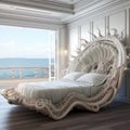 a bed with an octopus head on it in a room with a view of the ocean