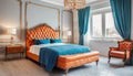 Bed with orange leather headboard and blue bedding. Art deco style interior design of modern bedroom Royalty Free Stock Photo