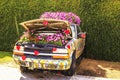 Bed of petunias in a car with an open hood in the Miracle Garden in Dubai