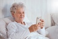 Bed, phone and relax senior patient search internet, web or online for subscription movie, show or entertainment