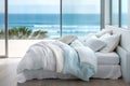 Bed with pillows and blanket coastal serenity atmosphere