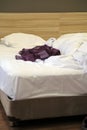 Bed with pillows and crumpled blanket. Crumpled blanket and pillows on empty rumpled bed in hotel room after sleeping in Royalty Free Stock Photo