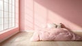 A bed with a pink blanket and pillows in front of the window, AI Royalty Free Stock Photo