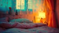 A bed with a pink comforter and pillows in front of the window, AI Royalty Free Stock Photo