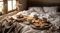 a bed with plates of breakfast on it on top