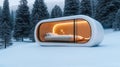 A bed in a pod with lights on and snow around it, AI Royalty Free Stock Photo