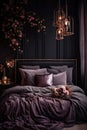 Bed With Purple Comforter and Chandelier