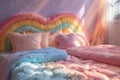 A bed with a rainbow headboard and pillows Royalty Free Stock Photo