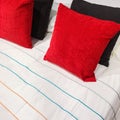 Bed with red and black velveteen cushions