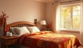A bed with a red and yellow comforter and pillows Royalty Free Stock Photo