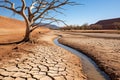 The bed of a river, lake, or reservoir is dry, with low water levels and dried out trees due to lack of precipitation, drought