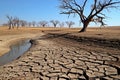 The bed of a river, lake, or reservoir is dry, with low water levels and dried out trees due to lack of precipitation, drought