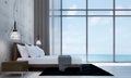 The minimal bed room interior design and concrete wall pattern background and sea view Royalty Free Stock Photo