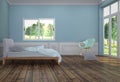 Bed Room Interior with white bed with light green chair and pillow, wooden floor and light blue mint wall background. 3D rendering Royalty Free Stock Photo