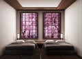 Mock up bed room with bed style japan and lamp on tatami mat and window view sakura tree,Japanese style. 3D rednering