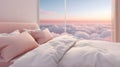 A bed in a room surrounded by fluffy cottony clouds on a dreamy scene. Royalty Free Stock Photo