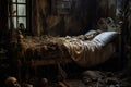 Bed rotting in old room house. Generate Ai