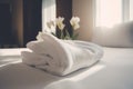 comfortable bath bedchamber spa modern welcome window flower towel bed. Generative AI. Royalty Free Stock Photo